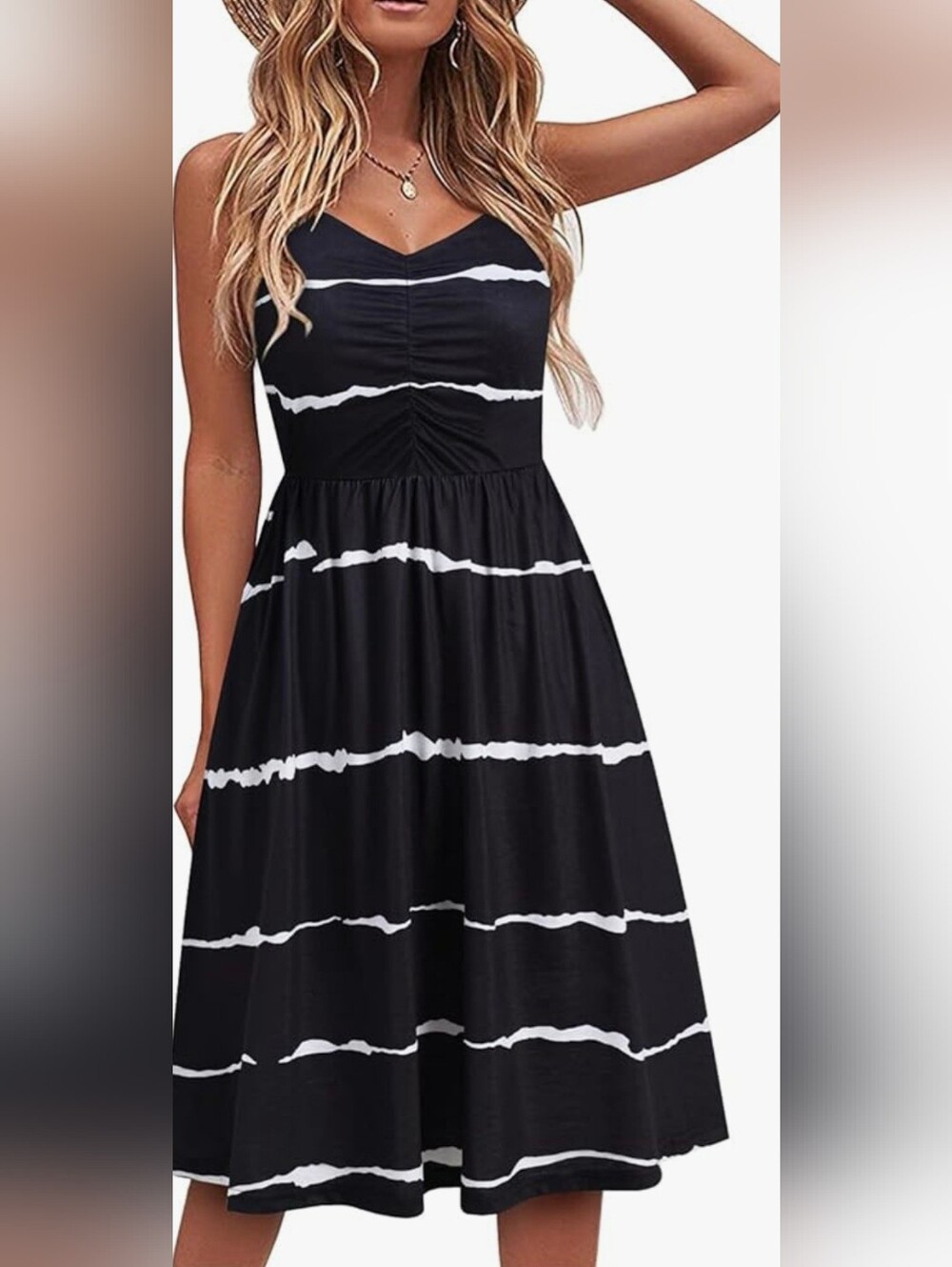 Black & White Striped Midi Dress with V-Neck